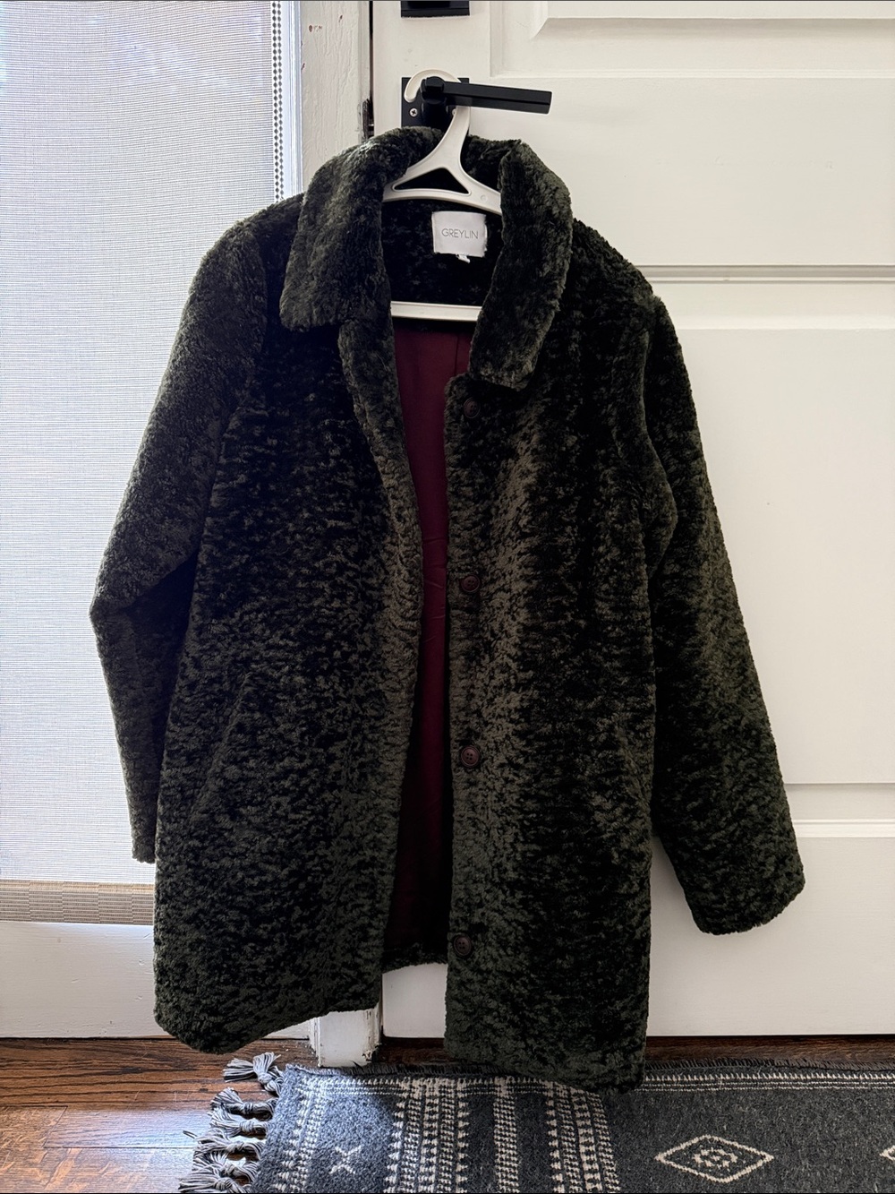 Anthropologie Green Faux Fur Coat - Women's Plush Button-Up Jacket